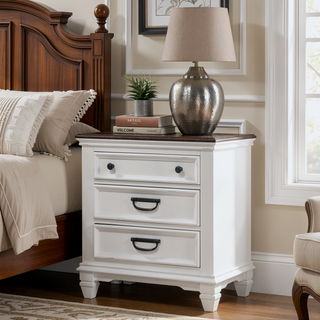 Sunvega Weathered White and Gray Modern Farmhouse Nightstand with 3 Spacious Drawers