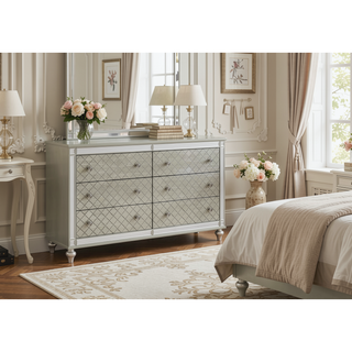 Sunvega Modern Luxury Dresser with Silver Finish and Diamond Patterned Drawer Fronts