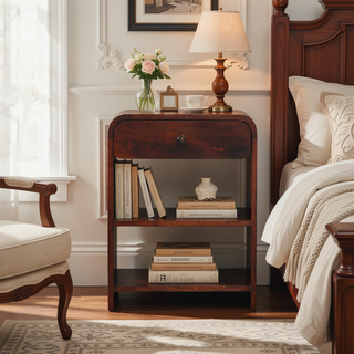 Sunvega Solid Mango Wood Bedside Table with Drawer and Open Shelves
