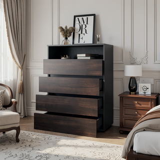 Sunvega Stained Walnut 4-Drawer Dresser with Open Shelf for Modern Bedrooms