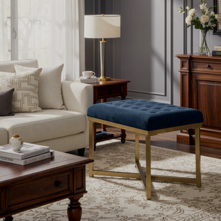 Sunvega Dark Blue Velvet Upholstered Button Tufted Bench with Gold Metal Frame