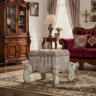 Sunvega Ivory and Bone White Vanity Stool with Nailhead Trim and Button Tufted Backrest