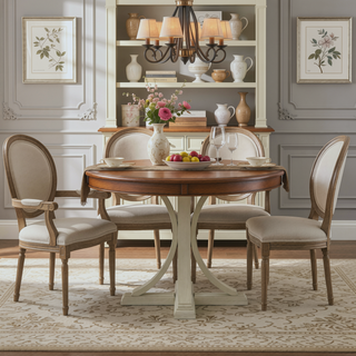 Sunvega Antique Cream Round Dining Table with Solid Wood Veneer Top