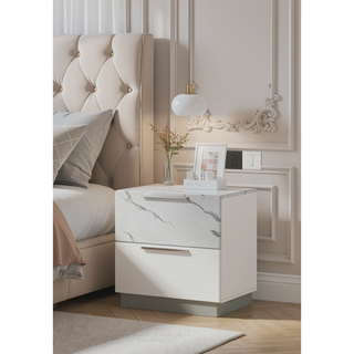 Sunvega Mist Nightstand with Two-Tone High-Gloss Marble Lacquer Finish and Two Spacious Drawers