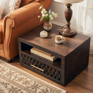 Sunvega Handcrafted Solid Mango Wood Arno Wall-Mounted Nightstand with Drawer