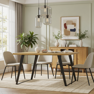 Sunvega Handcrafted Modern Industrial Square Dining Table for 8 with Solid Wood Oak Veneer