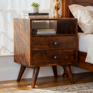 Sunvega Classic Chestnut Mango Wood Nightstand with Brass Knobs and Nordic Legs