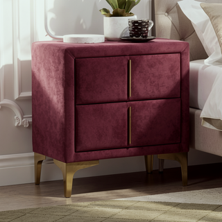 Sunvega Red and Gold Flannelette Nightstand with Upholstered Drawers and Bar Pull Handle