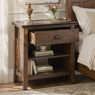 Sunvega Rustic Natural Aged Brown Solid Wood Handcrafted Bedside Table with Drawer