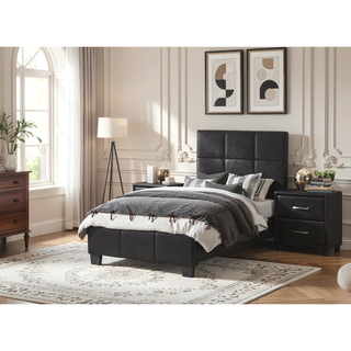 Sunvega Black Faux Leather Nightstand with Two Drawers and Silver Bar Pulls