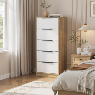 Sunvega White Pine Modern Vertical Five Drawer Dresser for Narrow Spaces