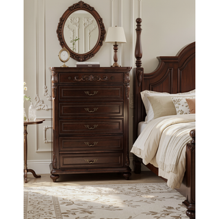 Sunvega Antique Walnut Nightstand with 2 Drawers and Unique Carving Design