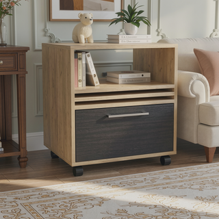 Sunvega Modern Engineered Wood Nightstand with Drawer and Wheels for Bedroom