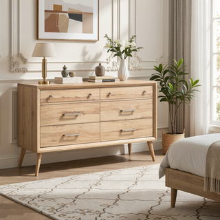 Sunvega Classic Style Dresser with 6 Drawers and Natural Oak Finish for Bedroom