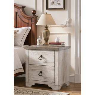 Sunvega Cottage Style Distressed Two Drawer Nightstand with Driftwood Finish