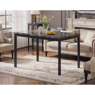 Sunvega Casual Square Metal Dining Table with Faux Marble Top and Black Legs