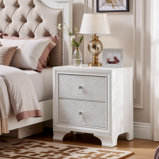 Sunvega Textured Pattern Nightstand with 2 Drawers and Metal Knobs, White