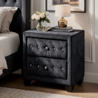Sunvega Cream Velvet Upholstered Nightstand with Crystal Tufted Design and Two Drawers