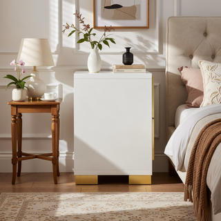 Sunvega Art Deco Nightstand with Two Drawers and Gold Metal Hardware for Bedroom