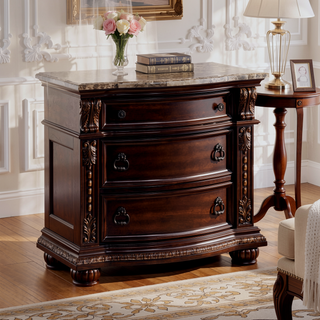 Sunvega Traditional Brown Cherry Finish Marble Top Three Drawer Nightstand