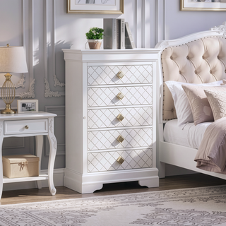 Sunvega Fully Assembled Pearl White Nightstand with Gold Handles and Faux Crystal