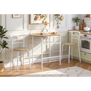 Sunvega Natural Laminate Dining Table Set with White Metal Chairs for Space Saving