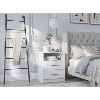 Sunvega White Nightstand with Two Drawers and Shelf for Bedroom or Living Room