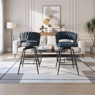 Sunvega Set of 2 Blue Suede Woven Swivel Bar Stools with Golden Legs and Footrest
