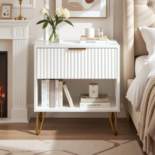 Sunvega Modern Glam Nightstand with Gold Metal Legs and Textured Drawer