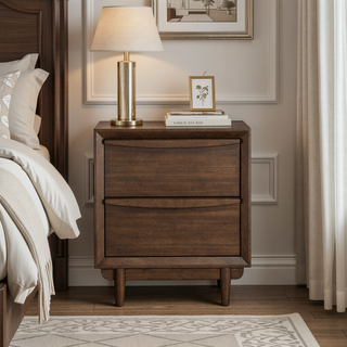 Sunvega Mid-Century Modern Walnut Finish Nightstand with 2 Dovetail Drawers and USB Charging Port