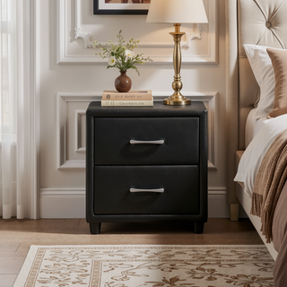 Sunvega Black Faux Leather Nightstand with Two Drawers and Silver Bar Pulls