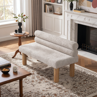 Sunvega Boucle Fabric Upholstered Dining Bench with Rubber Wood Legs 330 LBS Support