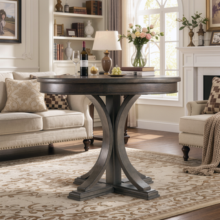 Sunvega Antique Cream Round Dining Table with Solid Wood Veneer Top