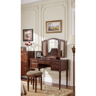 Sunvega Contemporary Black Rubber Wood Vanity Set with Foldable Mirror and Stool