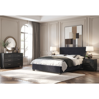 Sunvega Black Faux Leather Nightstand with Two Drawers and Silver Bar Pulls