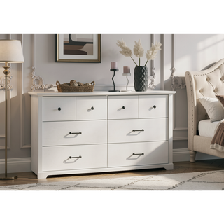 Sunvega 57 Inch White Dresser with 6 Drawers and Black Metal Handles