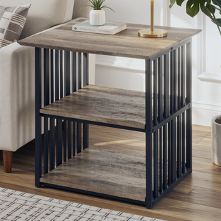 Sunvega Industrial Metal Frame Nightstand with Wooden Top and Two Open Shelves