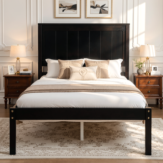 Sunvega Sturdy Wood Platform Bed Frame with Headboard for Queen Size Oak Finish