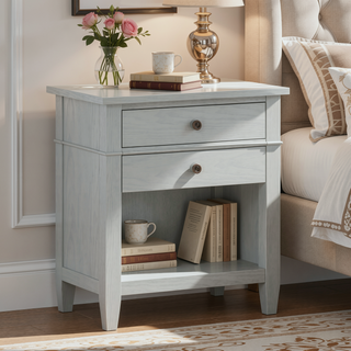 Sunvega Fog Grey Solid Wood Bedside Table with Two Spacious Drawers