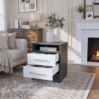 Sunvega Smokey Oak and White Finish Nightstand with Two Drawers and Open Shelf