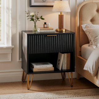 Sunvega Modern Glam Nightstand with Gold Metal Legs and Textured Drawer