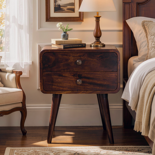 Sunvega Solid Mango Wood Nightstand with Two Drawers and Nordic Style Legs