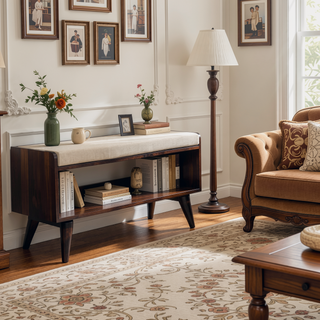 Sunvega Solid Mango Wood California Walnut Finish Bench with Mud Linen Upholstered Seat Pad