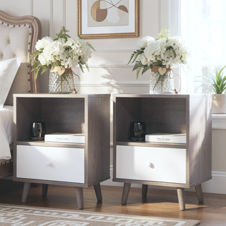 Sunvega Modern Low Foot Bedside Table with Drawer and Storage Compartment