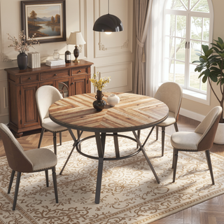 Sunvega Round Dining Table with Metal Legs and Light Birch Veneer Top for Kitchen