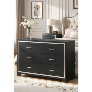 Sunvega Modern Glam Dresser with Six Drawers Sleek Metal Handles Black Bedroom Furniture