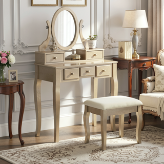Sunvega Adjustable Oval Wooden Frame Vanity Table with Mirror and Stool