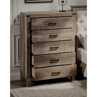 Sunvega Contemporary Rustic Five Drawer Chest with Melamine Finish and Metal Hardware