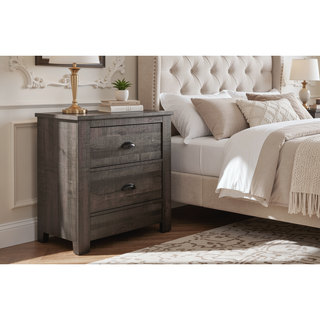 Sunvega Contemporary Gray Wooden Nightstand with Two Drawers and Metal Hardware