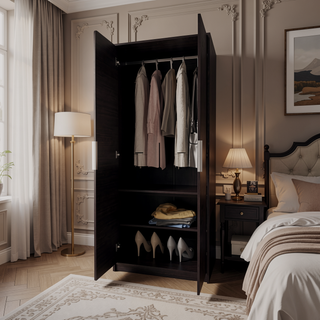 Sunvega Rich Wengue 2-Door Wardrobe with Shelves Hanging Rod and Shoe Rack